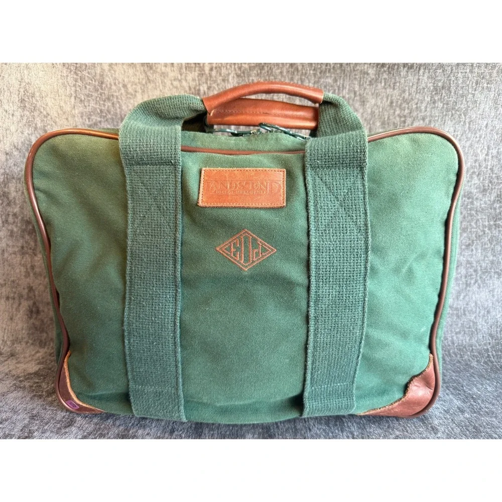 Vintage Lands' End Green Canvas Leather Trim Travel Duffle Bag Luggage Briefcase
